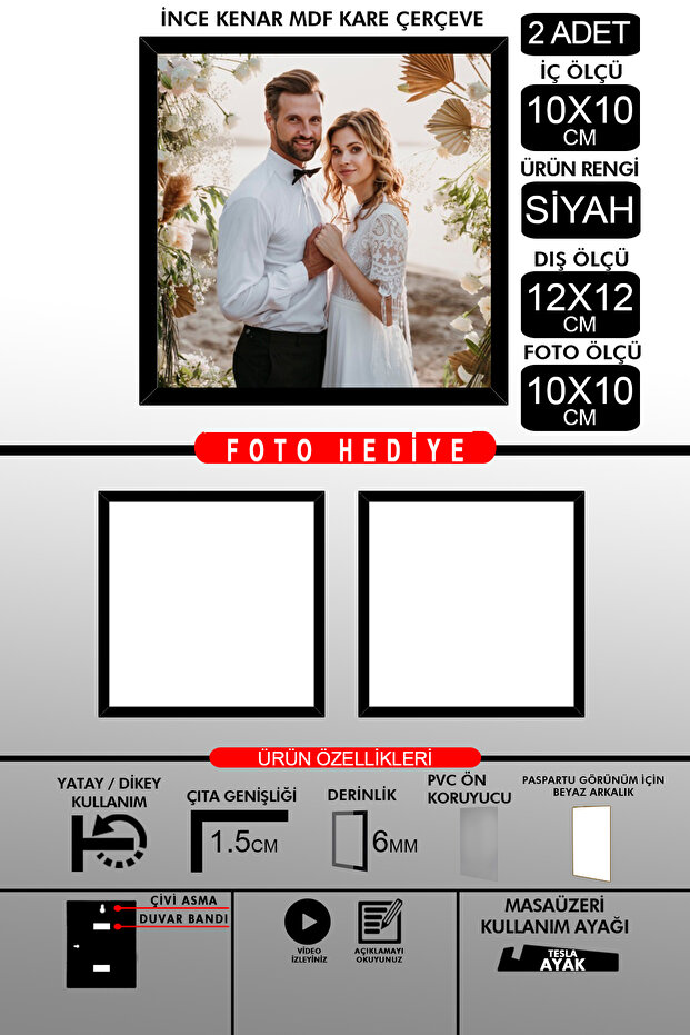 2 قطعة إطار 10X10 - إطار شرائح رفيع - إطار أسود - إطار مربع - إطار صورة