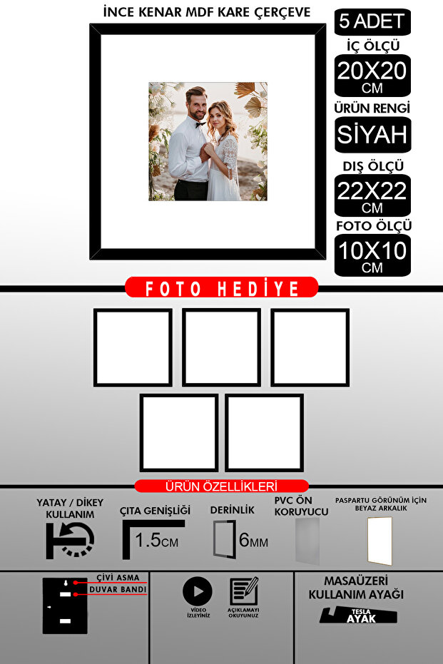 5 قطع إطار 20x20 - إطار شرائح رفيع - إطار أسود - إطار مربع - إطار صور