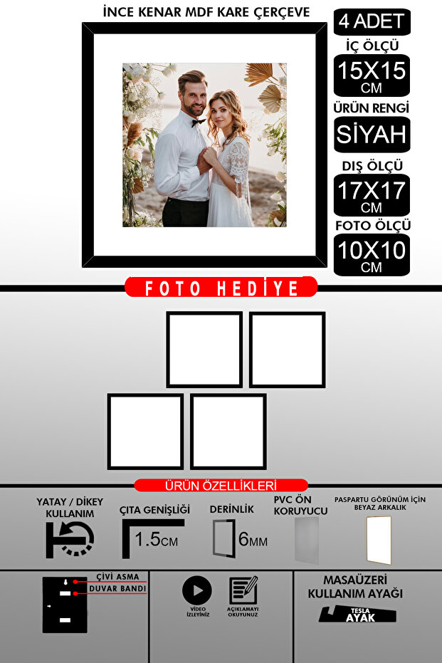 4 قطع إطار 15x15 - إطار شرائح رفيع - إطار أسود - إطار مربع - إطار صور