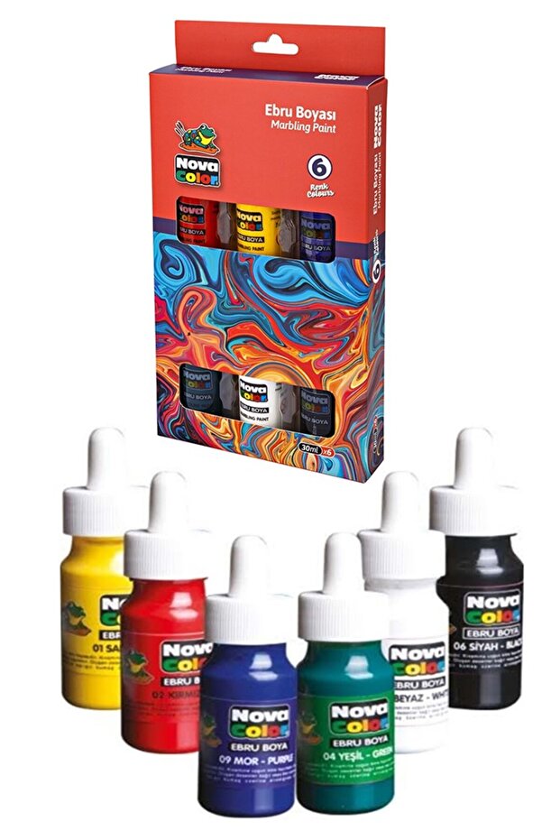 Ebru Boyası 6 Renk Nova Color 1 Paket Damlalıklı Canlı Renkli 30 ml X 6 lı Ebruli Boyama Seti - 2
