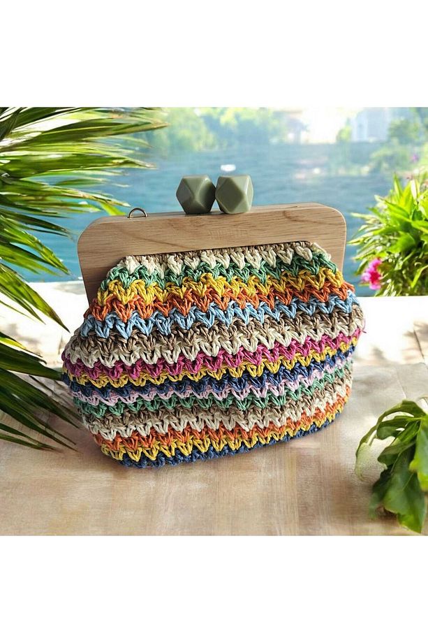 El Yapımı Hasır Görünüm Clutch Çanta Renkli Örgü Tasarım, Astarlı ve Zincirli Handmade Omuz Çantası - 3
