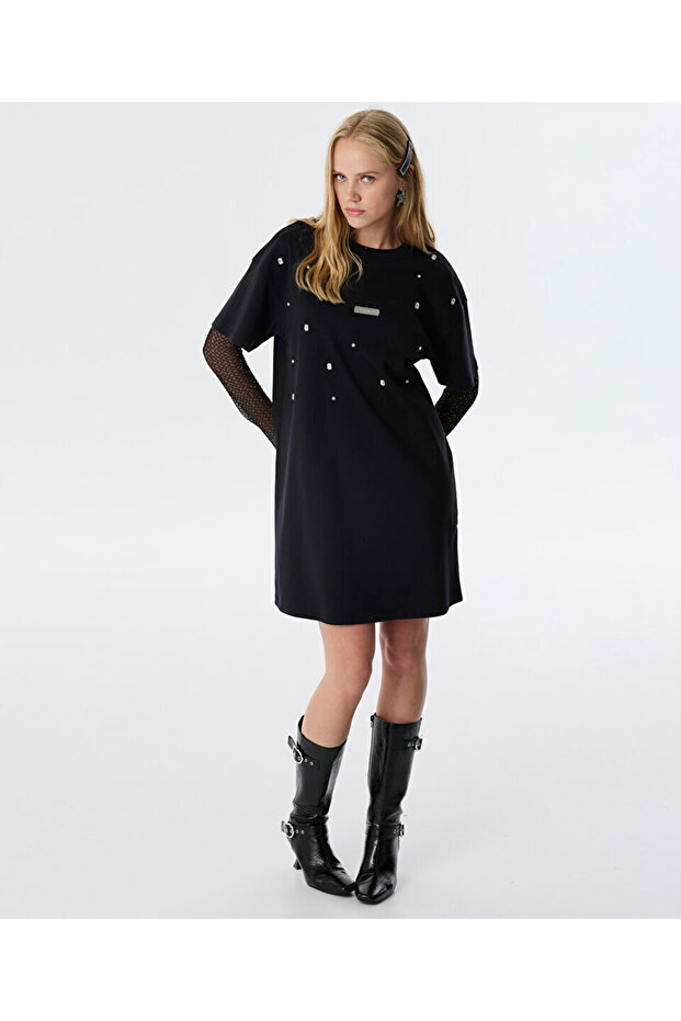 Combed Cotton Dress with Embroidered and Metal Accessories