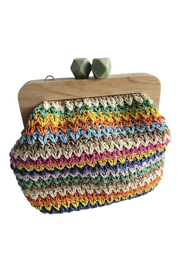 El Yapımı Hasır Görünüm Clutch Çanta Renkli Örgü Tasarım, Astarlı ve Zincirli Handmade Omuz Çantası - 2