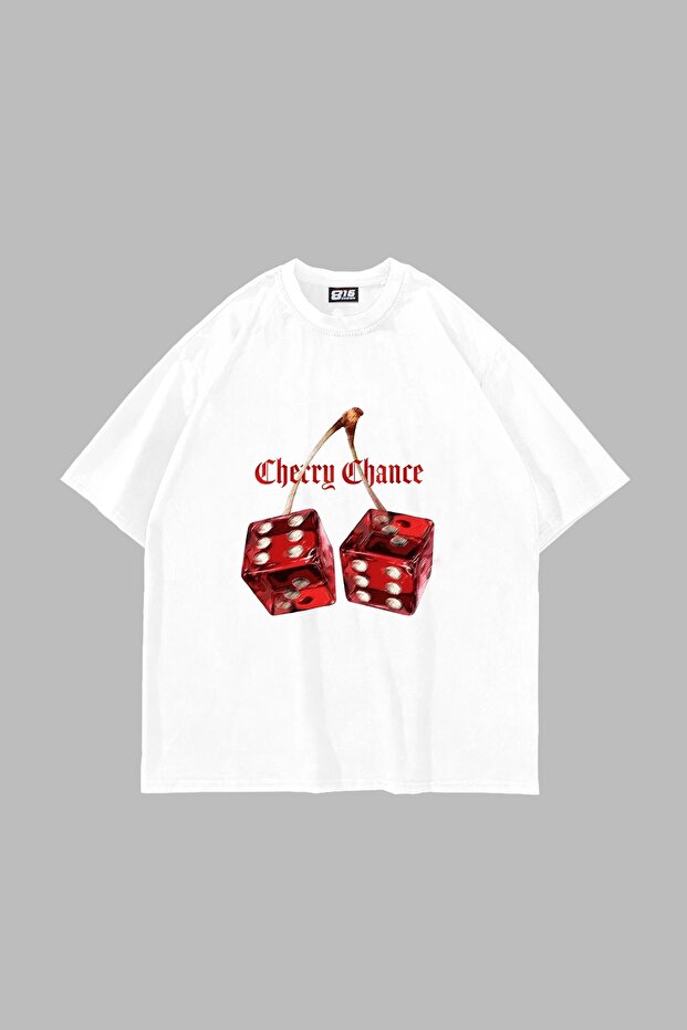 تي شيرت أبيض كبير الحجم مطبوع عليه Cherry Chance للجنسين