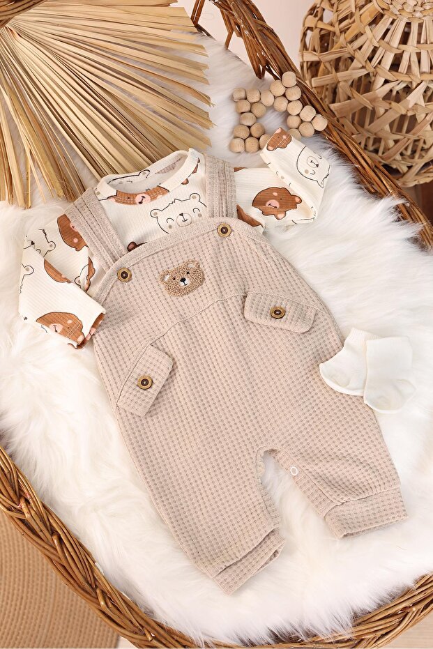Beige Teddy Bear Detailed Ornamental Pocket Buttoned Baby Boy Romper (3-9 Months)