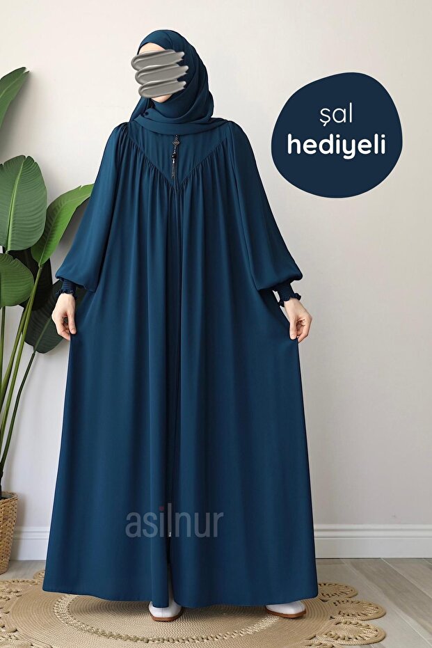 طقم عباية Elif، مع شال هدية باللون الأزرق البترولي