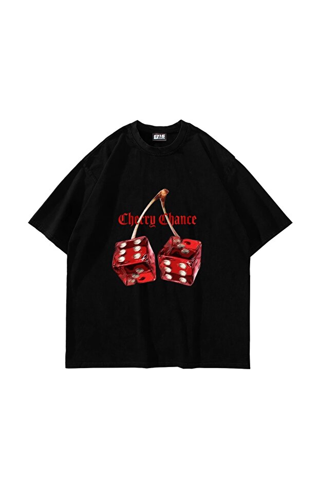 Cherry Chance Printed Oversize Unisex Black Tshirt