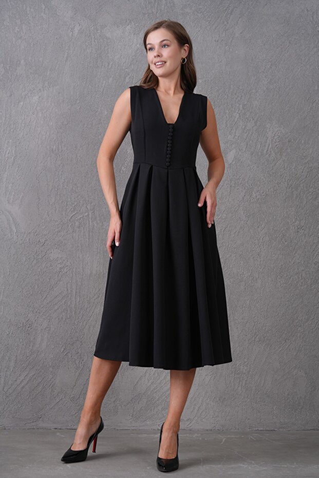 Black Double Fabric V Neck Button Design Sleeveless Black Midi Flared Evening Dress 2182