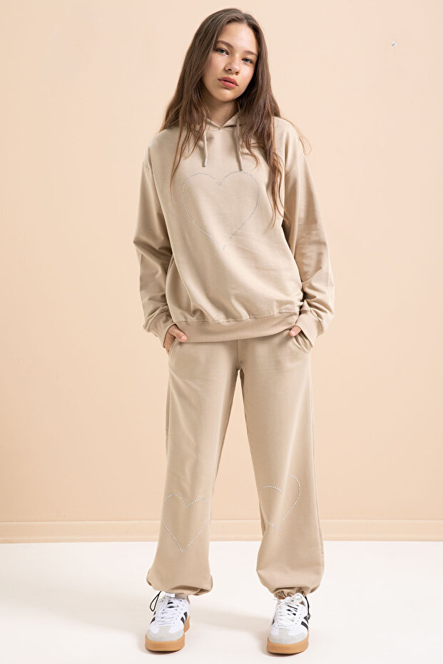 Beige Heart Patterned Hooded Girl's Tracksuit Set 21254