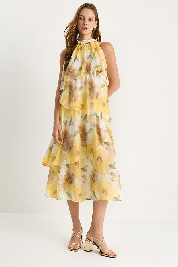 Women's Yellow Green Halter Neck Accessory Detailed Patterned Flounce Viscose Dress 35499 60283515