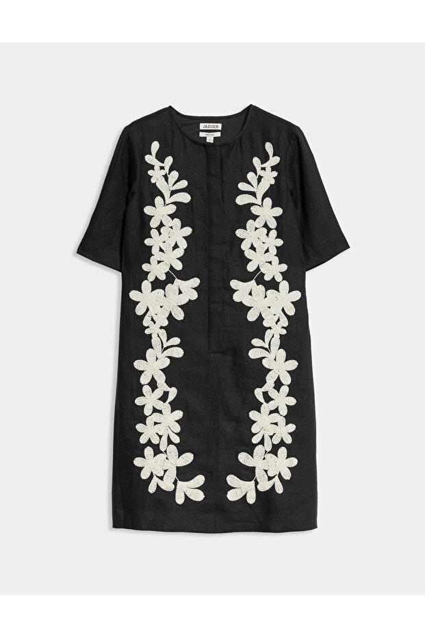 Saf Keten Nakışlı Mini Shift Elbise - 6