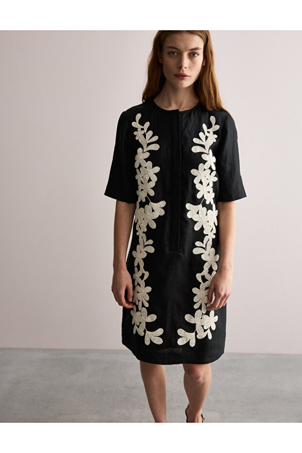 Saf Keten Nakışlı Mini Shift Elbise - 1