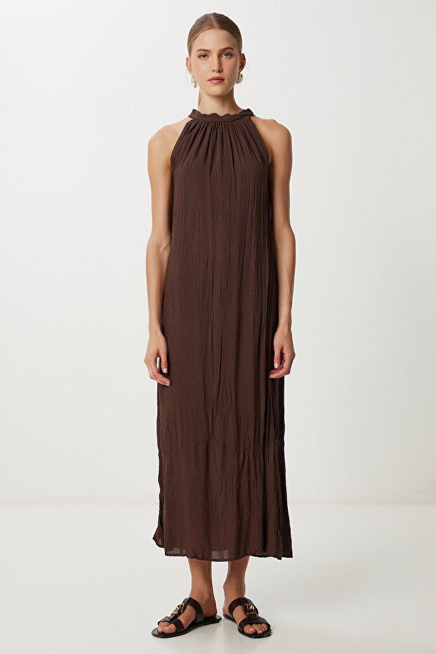 Summer Linen Dress with Wrinkle Effect Lgk0005 Brown
