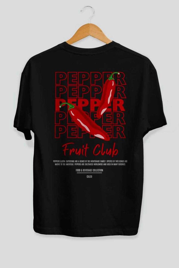 Pepper Back Printed Black Oversize T-Shirt Men Women Cotton Crew Neck Tshirt