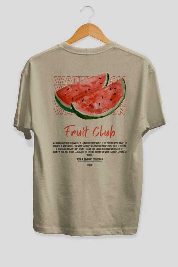 Watermelon Back Printed Beige Oversize T-Shirt Men Women Cotton Crew Neck Tshirt