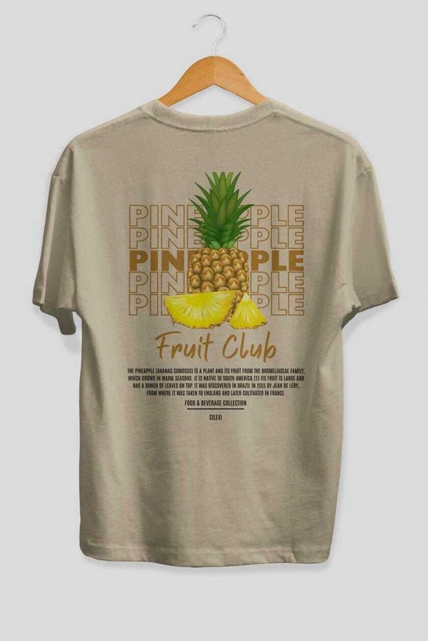 Pineapple Back Printed Beige Oversize T-Shirt Men Women Cotton Crew Neck Tshirt