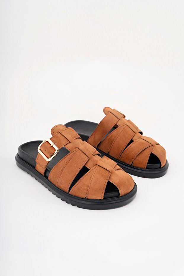 Women's Tan Imported Buckle Detailed Slippers