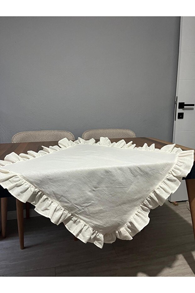 Fırfırlı Keten Runner Fırfırlı Fiskos Örtüsü Fırfırlı Masa Örtüsü 80 x 80 - 3