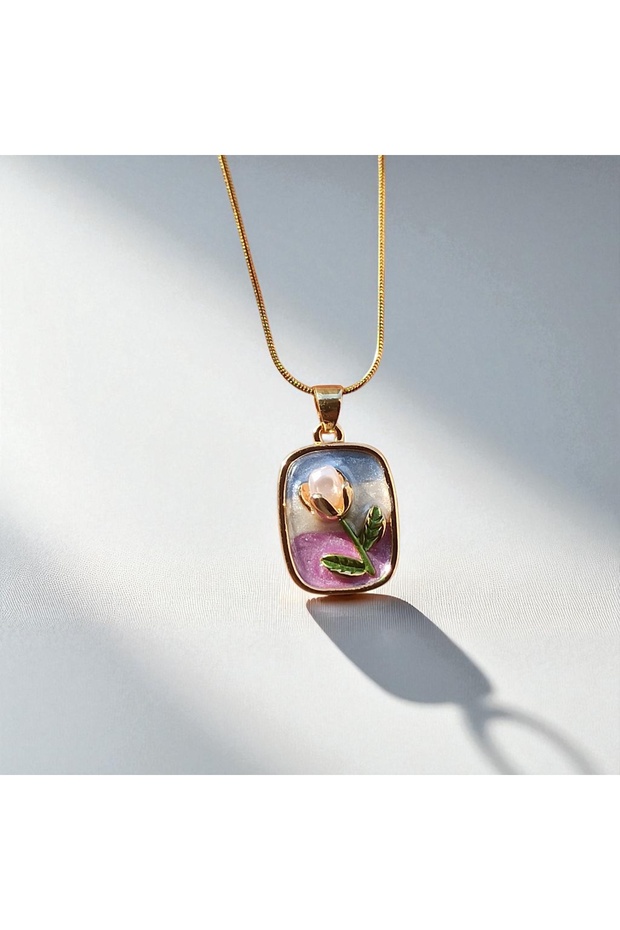 Gül Tomurcuğu İncili Çelik Kolye – Altın Kaplama - 1