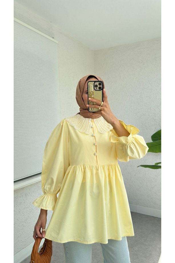 Kolu Lastikli Organze Bebe Yaka Yarım Düğmeli Tunik -Sarı - 1
