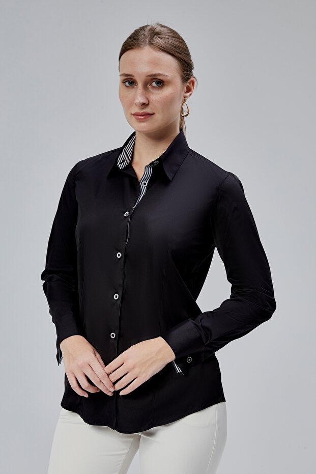 Black Cotton Satin Lycra King Striped Fabric and Button Detailed Slim Fit Women's Shirt
