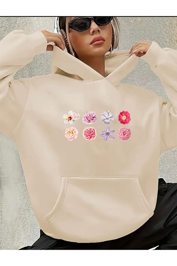 Flowers Printed Hooded Sweatshirt with Fleece Inside