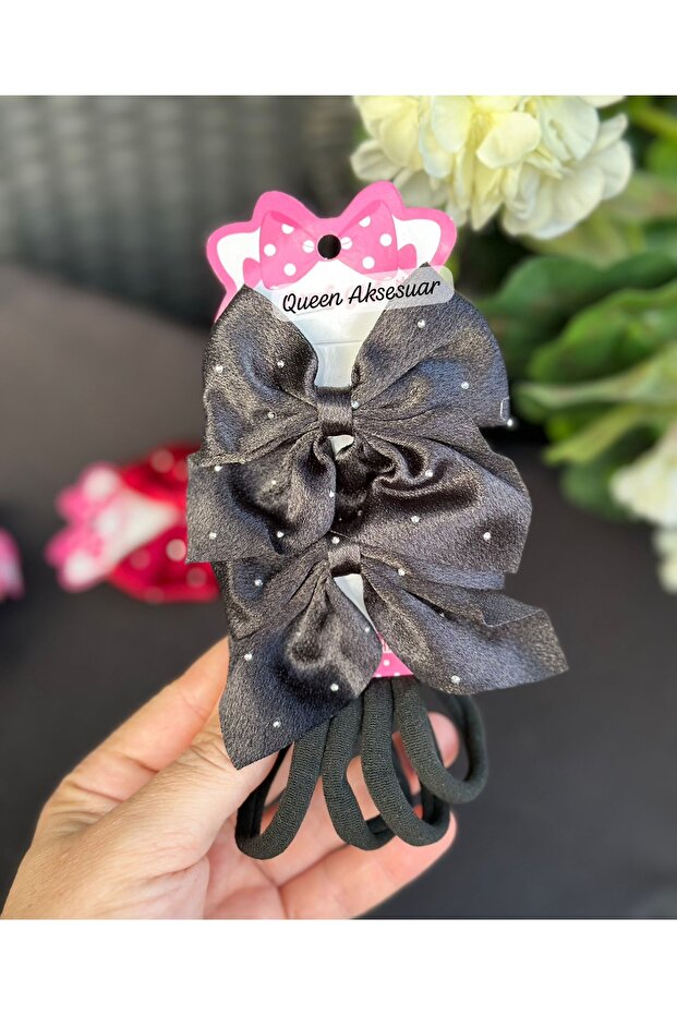 Luxury Stoned Satin Clip 2-Piece Bow Buckle 4-Piece Rubber Towel Buckle Set Black