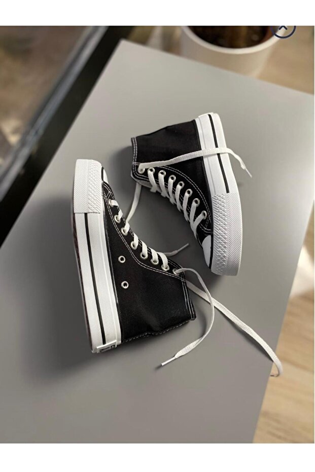 BLACK LONG ANKLE THICK PLATFORM SOLE LINEN SNEAKERS