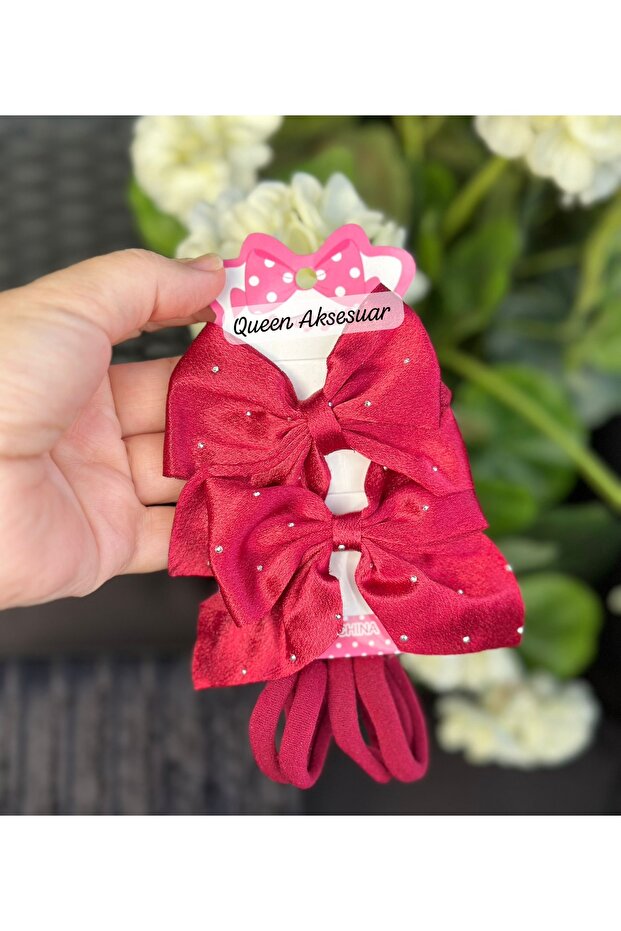 Luxury Stoned Satin Clip 2-Piece Bow Buckle 4-Piece Rubber Towel Buckle Set Burgundy Red