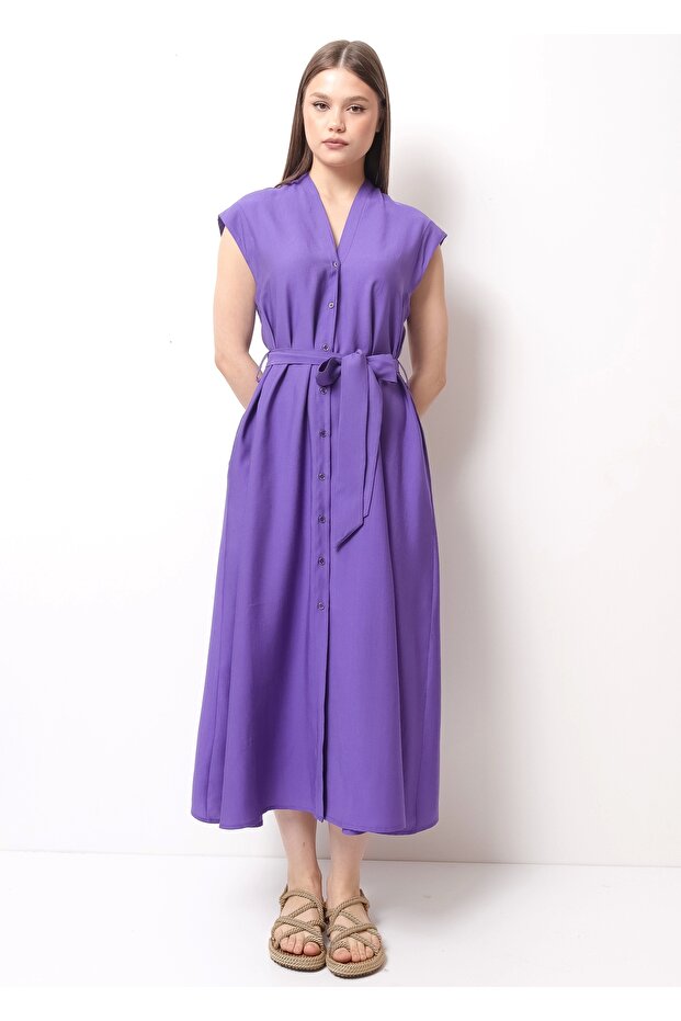 Şık Yazlık Bel Bağcıklı Mor Kadın Midi Elbise - 2