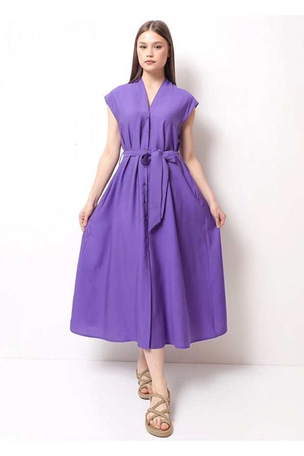 Şık Yazlık Bel Bağcıklı Mor Kadın Midi Elbise - 5