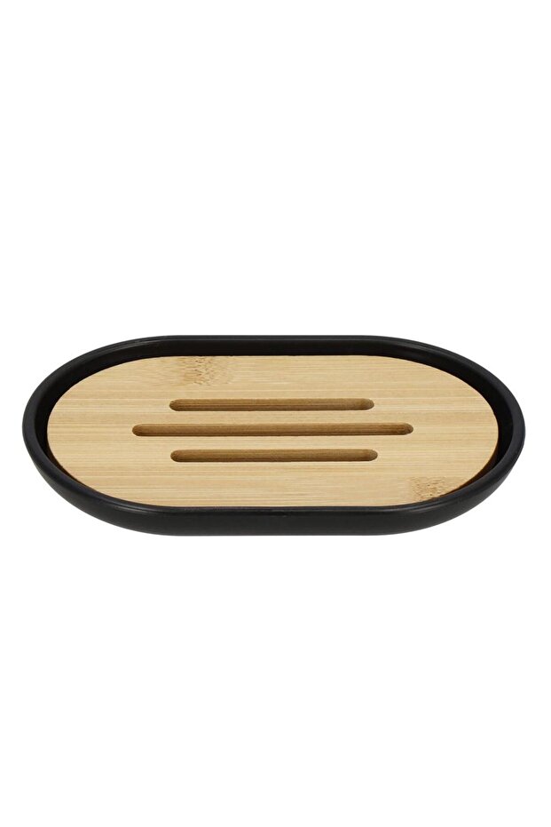 Round plastic bathroom accessory set with bamboo elements, 6 pieces, black - 2