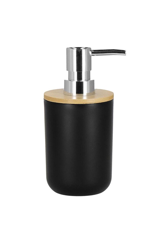 Round plastic bathroom accessory set with bamboo elements, 6 pieces, black - 5