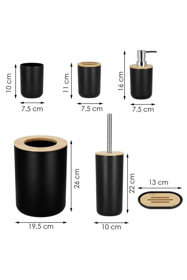 Round plastic bathroom accessory set with bamboo elements, 6 pieces, black - 3