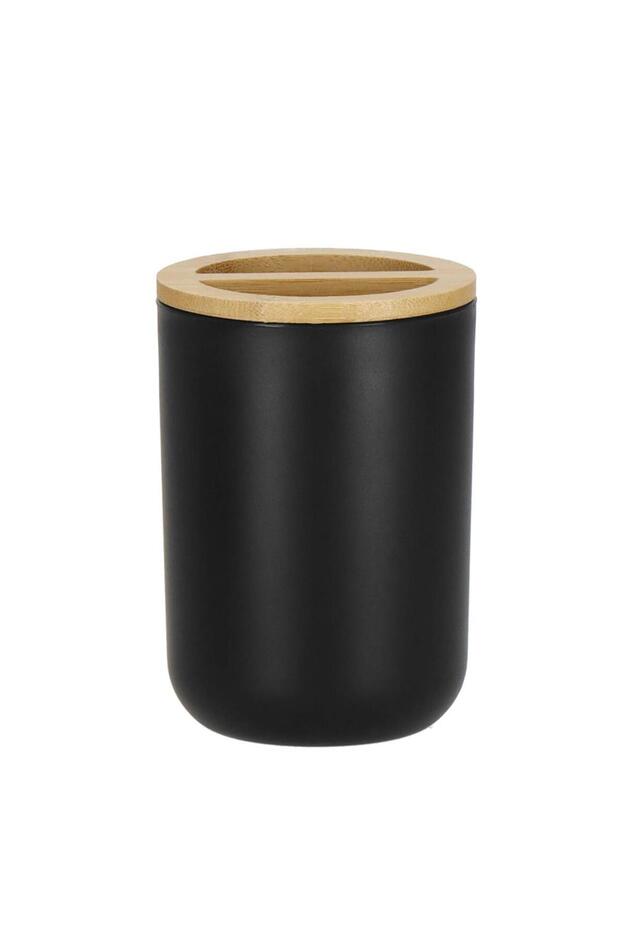 Round plastic bathroom accessory set with bamboo elements, 6 pieces, black - 8