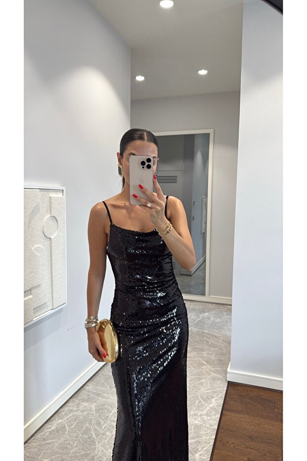 PAYETLİ ASKILI UZUN ELBİSE - 5