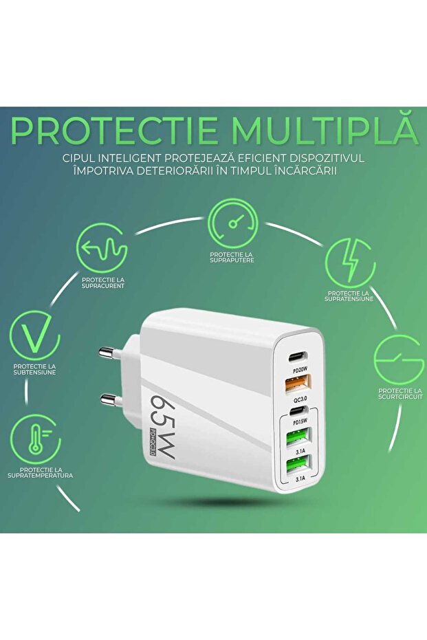 Încărcător de rețea, 5 porturi, încărcare rapidă 65W, 3 x USB, 2 x Tip-C, cablu de date USB-C inclus, adaptor universal C - 4
