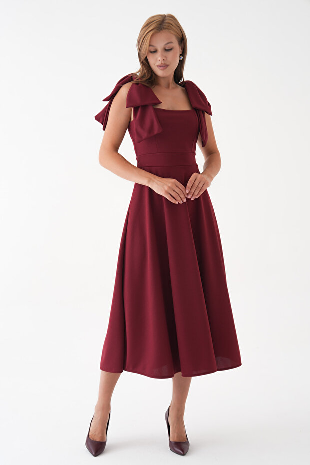 Burgundy Crepe Fabric Square Neck Bow Strap Design Flared Midi Evening Dress 77127