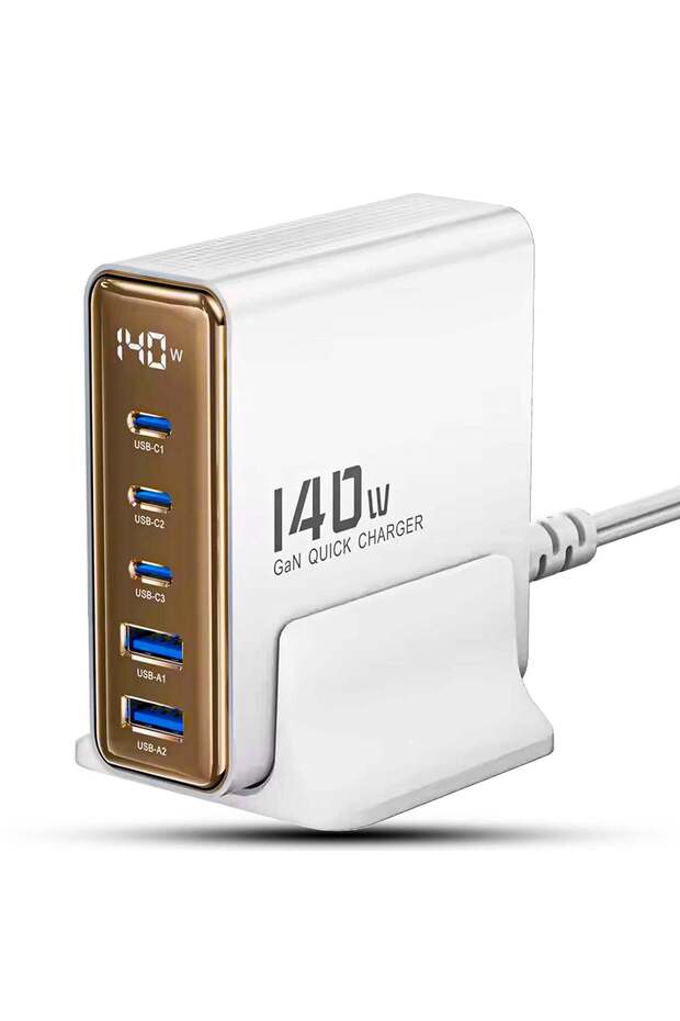 Încărcător de rețea, 5 porturi, încărcare rapidă 140W, 3 x Tip-C, 2 x USB, afișaj LED, stație de încărcare, alb - 1
