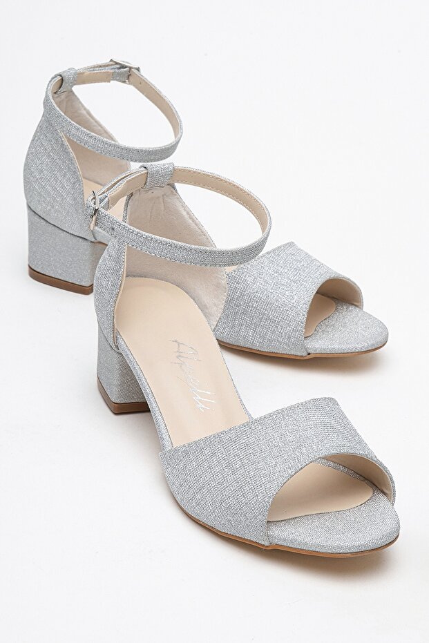 Women's Silver Glitter Short Heeled Comfortable Evening Dress Shoes