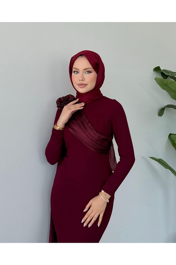 Tasarım Tek Omuzu Saten Gül Detaylı Abiye Dar Kalıp - 4