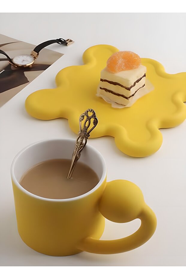 2-Piece Ceramic Mug Set, Creative Drinking Cup 250ml, Yellow for Home Cafe