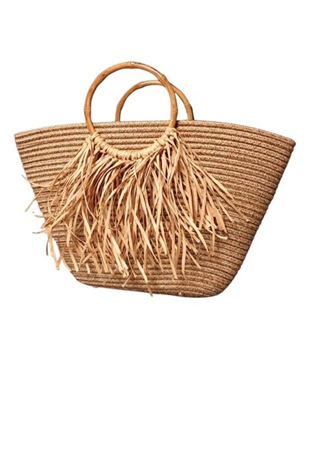 - Ayşe 4723 0939 Handmade Jute Rope Straw Look Bag with Wooden Handle and Tassel - Brown