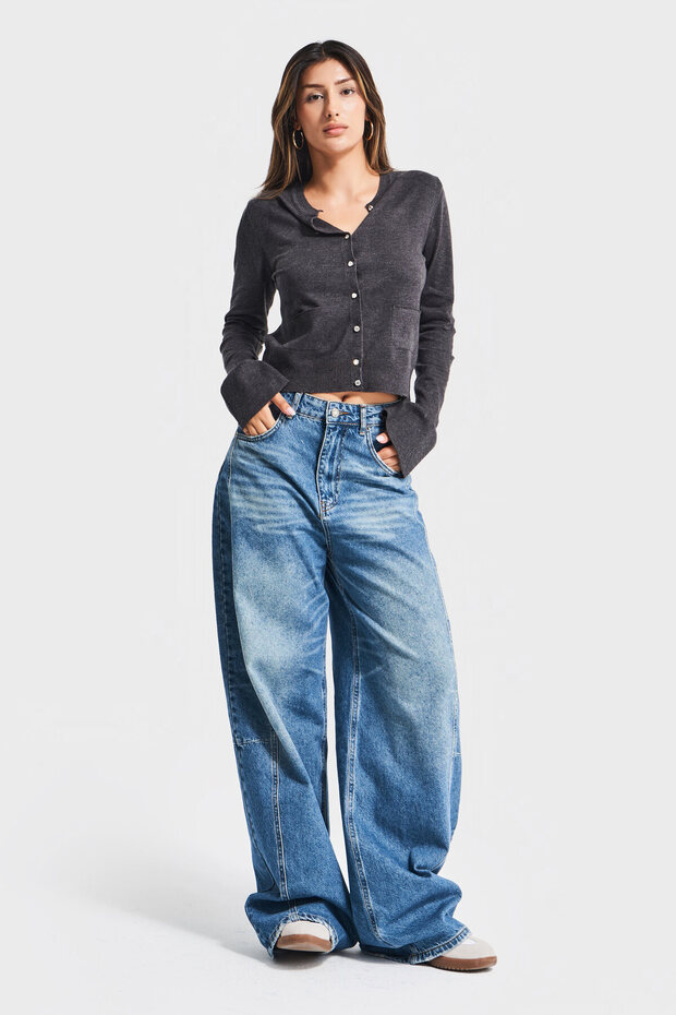 Kadın Antrasit Renk w5-45 Volanlı Kol Önü Cepli Düğmeli Viskon Karışımlı Triko Hırka - 4