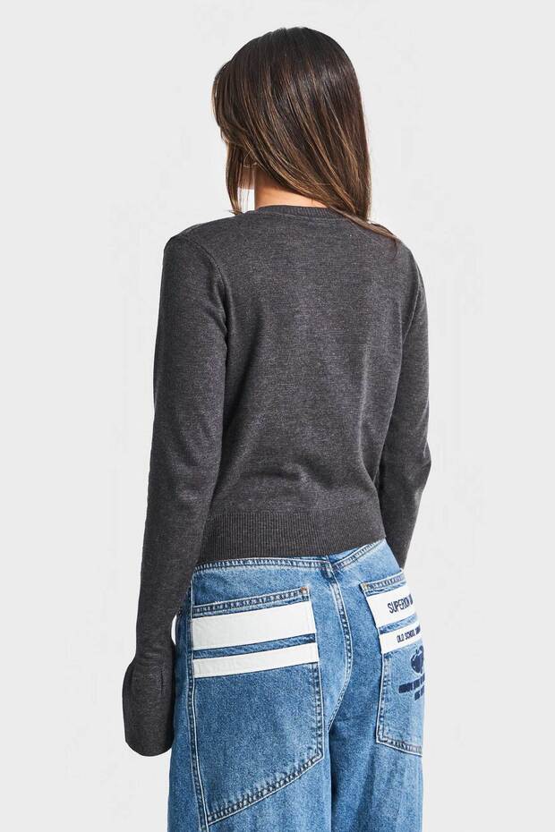 Kadın Antrasit Renk w5-45 Volanlı Kol Önü Cepli Düğmeli Viskon Karışımlı Triko Hırka - 6