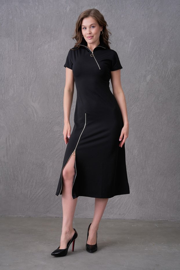 Black Diver Fabric Zipper Detail Short Sleeve Midi Evening Dress 2175