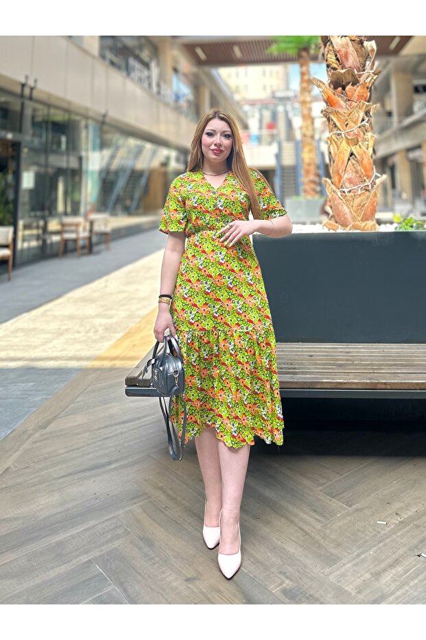 Çiçek Desenli Yeni Sezon Midiboy Elbise %100 Pamuk Elbise - 2