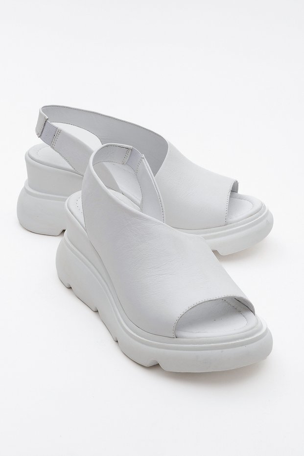 Agusto White Skin Genuine Leather Women's Wedge Heel Sandals