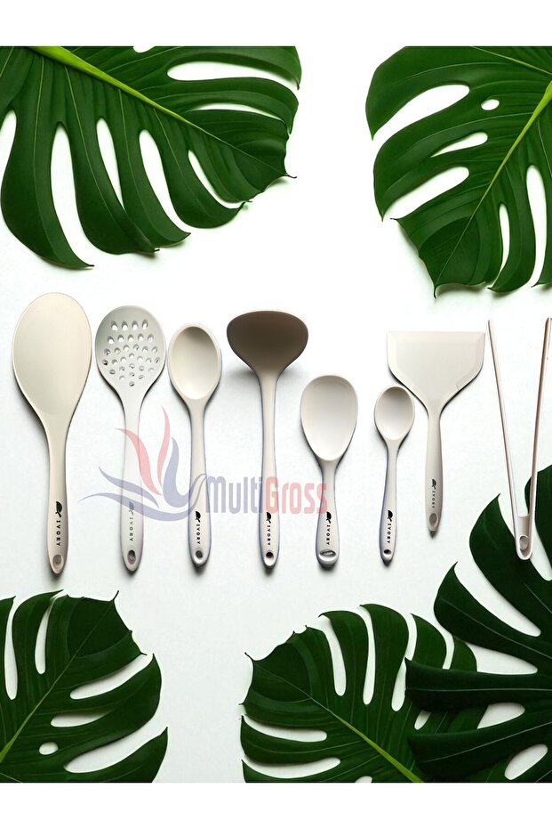 Ivory Heat Resistant Silicone Colander, Ladle, Spatula, Spoon, Tongs Set (30-28-22-20 cm) 8 Pieces