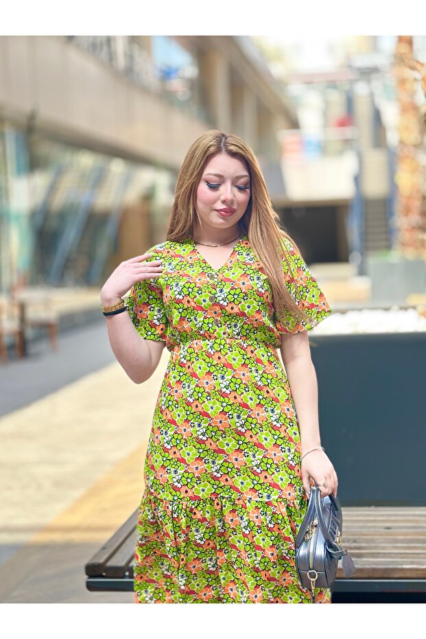 Çiçek Desenli Yeni Sezon Midiboy Elbise %100 Pamuk Elbise - 4